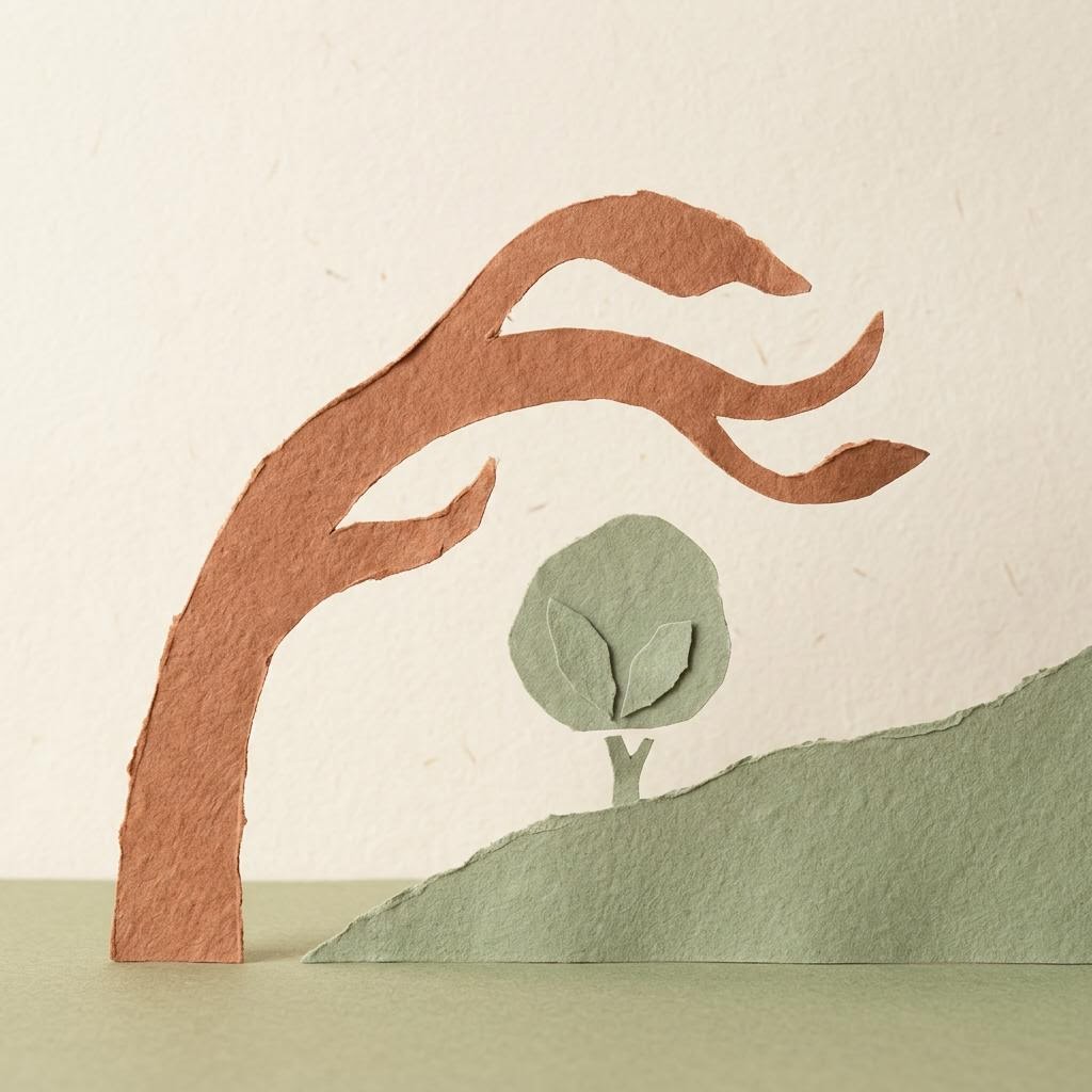 A terracotta paper tree shelters a small green paper tree on layered green paper hills.