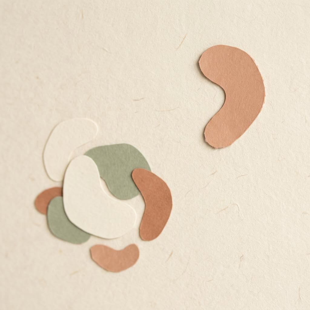 Separate terracotta, sage-green and cream paper shapes sit apart on a pale textured background.