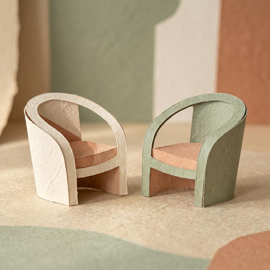 Two small paper chairs, one cream and one sage green with terracotta seats, face each other.