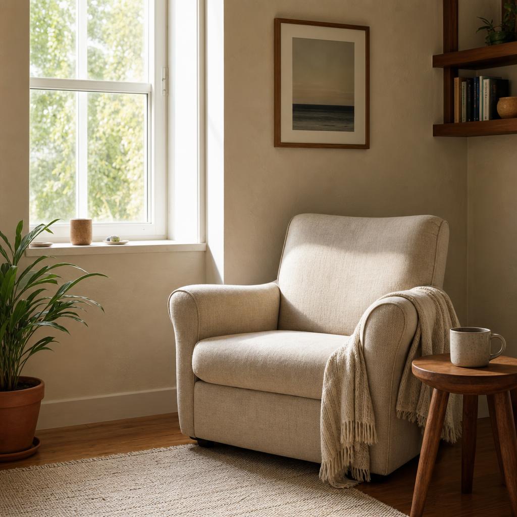 A quiet counselling room: a comfortable chair by a window, morning light
