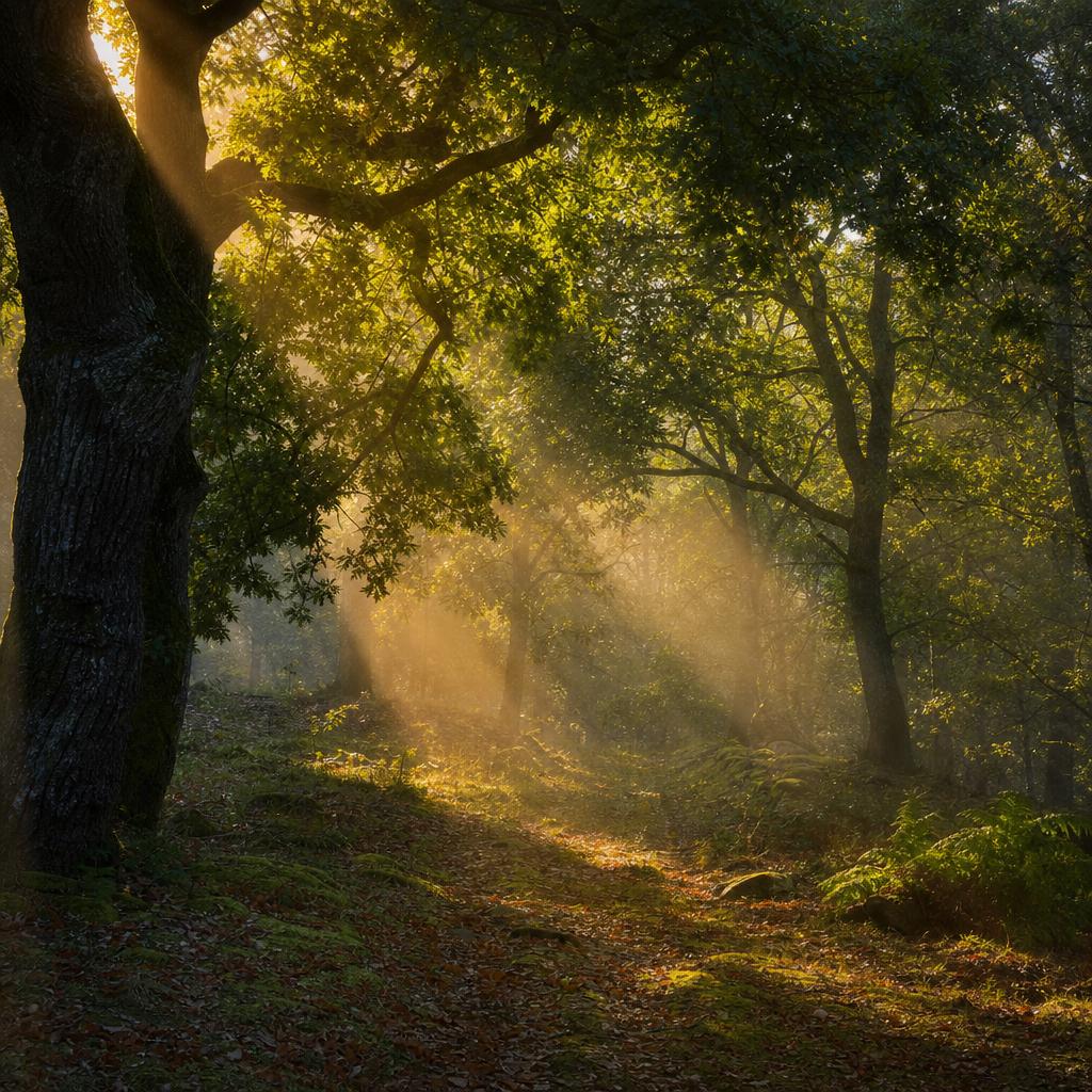 Morning light through ancient woodland trees