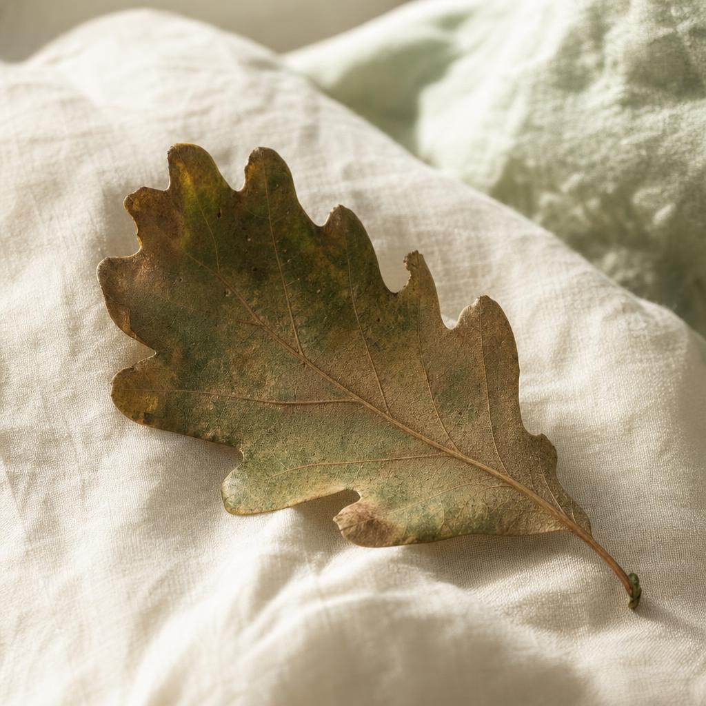 An oak leaf resting on pale linen, morning light