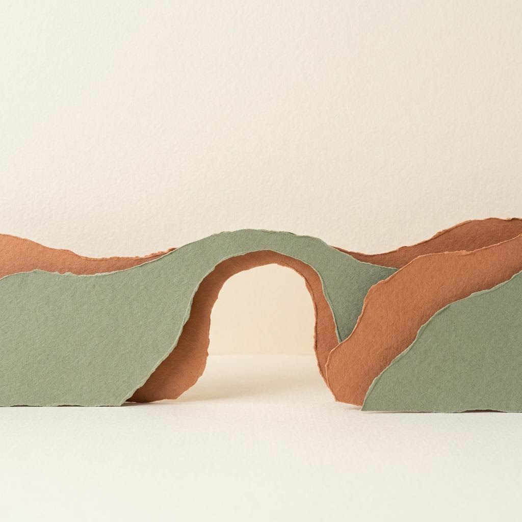 Layered terracotta and sage-green paper shapes form an archway with a bright opening.