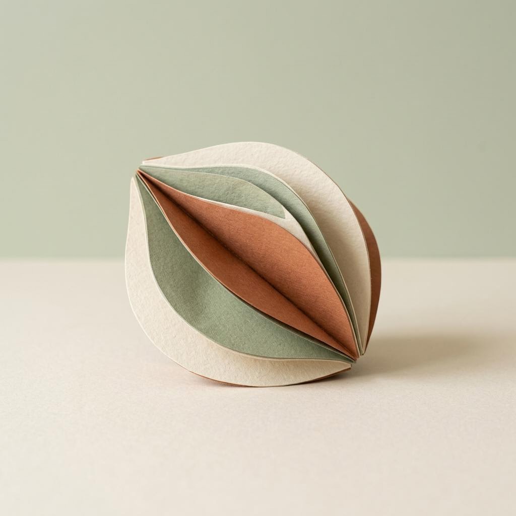 A folded, rounded paper sculpture made from cream, sage-green and terracotta layers rests on a pale green background.