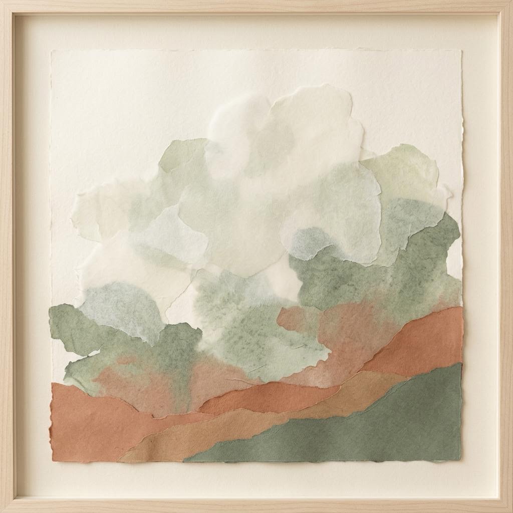 A framed paper collage shows pale green, terracotta and cream abstract shapes like a cloudy landscape.