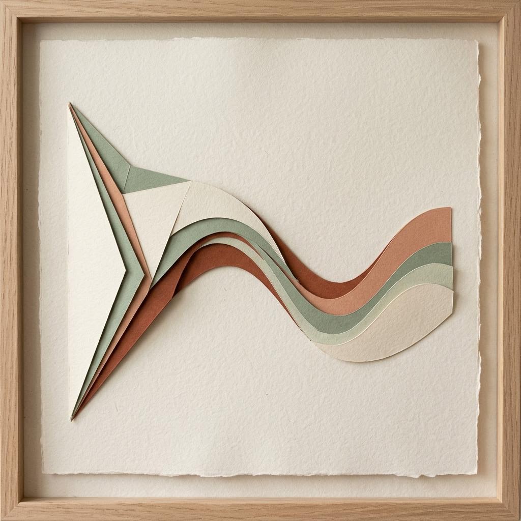 Layered terracotta, sage-green and cream paper strips form a sharp, wave-like shape in a wooden frame.
