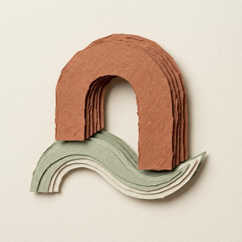 Layered terracotta and sage-green paper arches rest on a pale textured background.