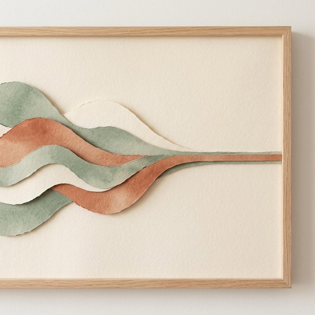 Layered sage-green, terracotta and cream paper waves narrow into a line inside a wooden frame.
