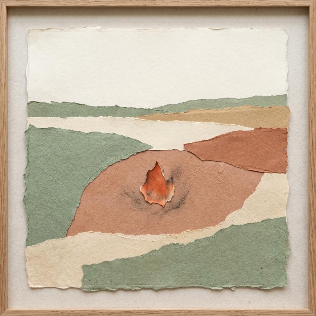 A framed paper collage surrounds a small scorched opening with a faint flame.