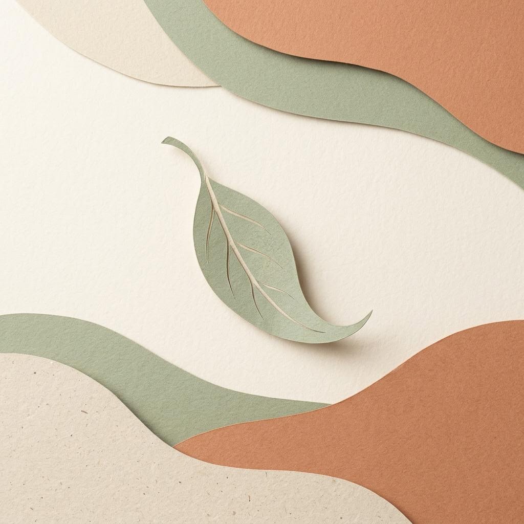 A pale green paper leaf between broad terracotta and sage-green paper shapes.