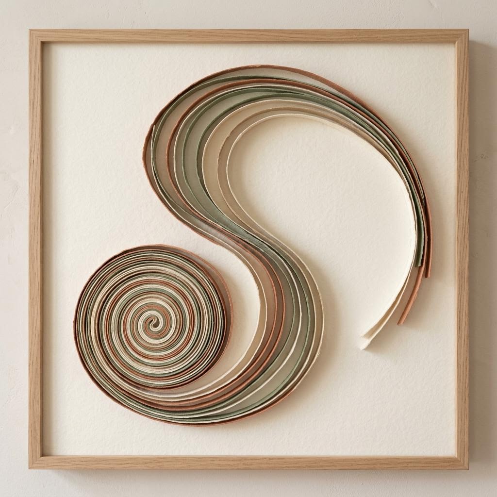 Coiled strips of terracotta, sage-green and cream paper form a spiral and open loop in a wooden frame.