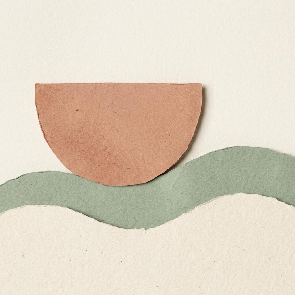 A terracotta paper semicircle rests above layered sage-green and cream paper waves.