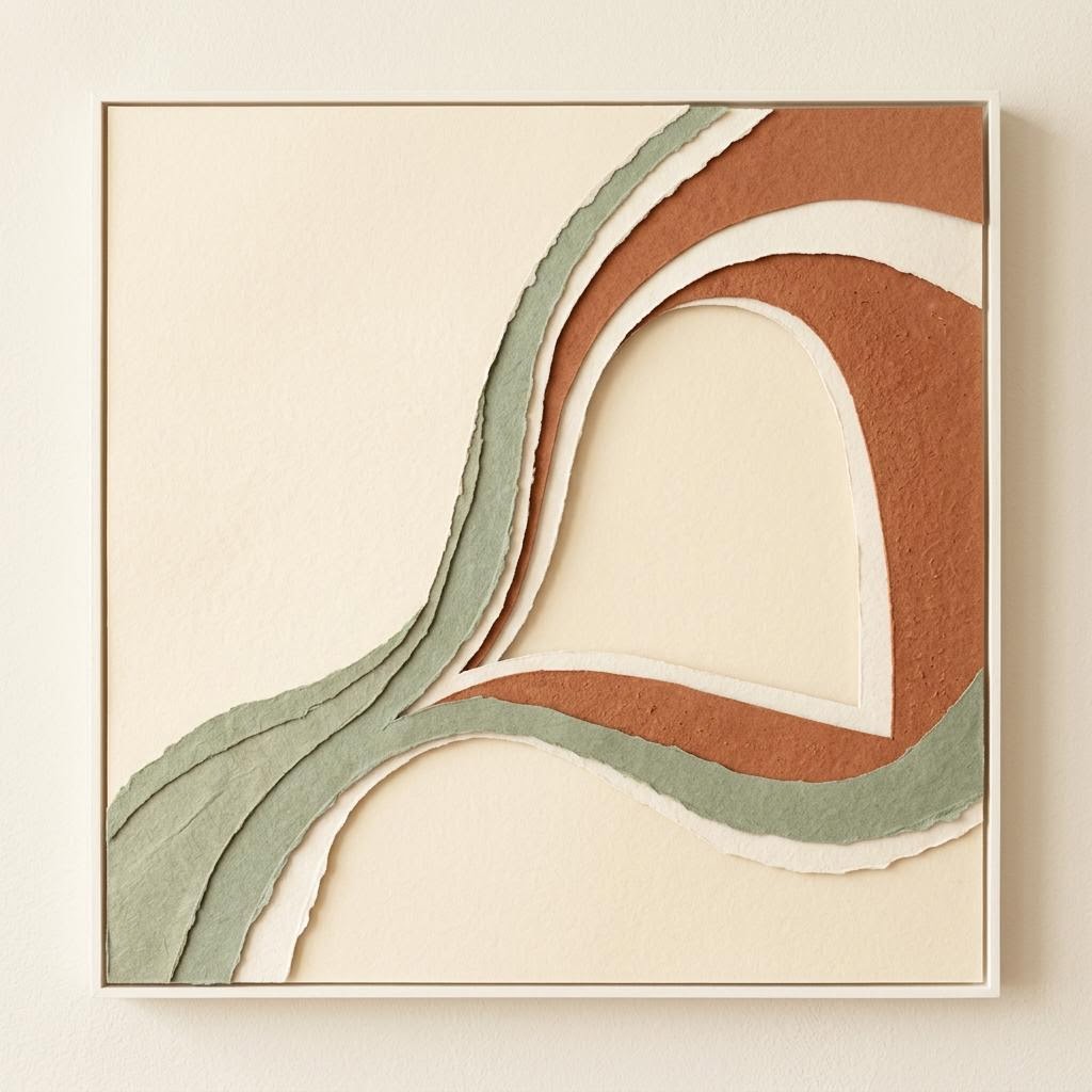 Layered terracotta, sage-green and cream paper curves cross inside a square frame.