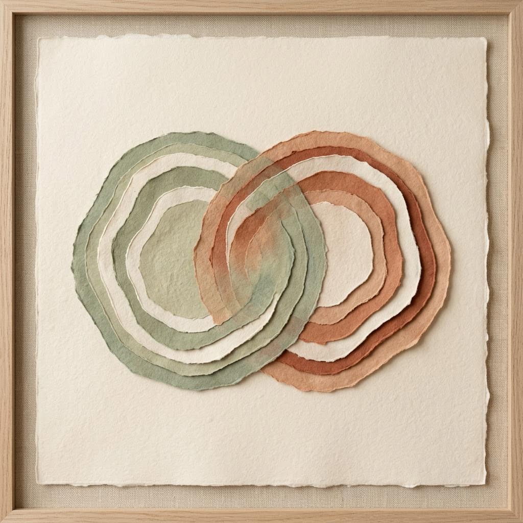 Overlapping sage-green and terracotta paper rings form two connected circles in a wooden frame.